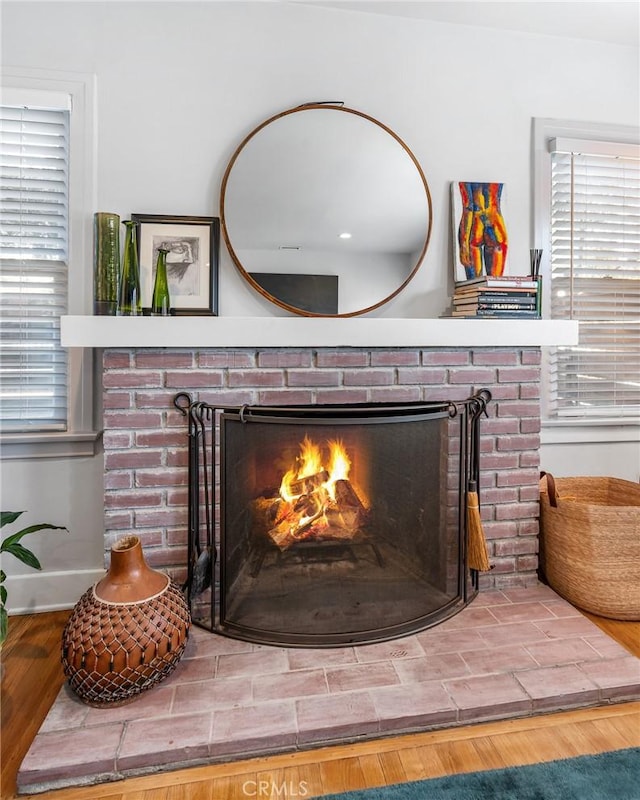 room details with a fireplace, baseboards, and wood finished floors