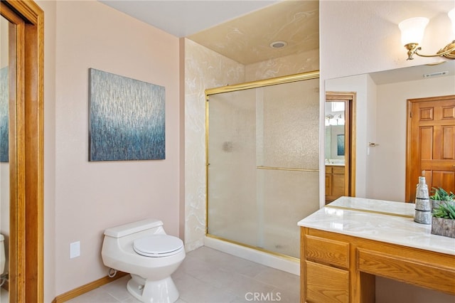 full bathroom with toilet, a stall shower, visible vents, and vanity