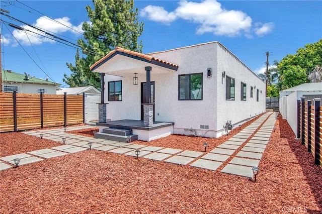 view of front of house with crawl space, fence private yard, and stucco siding