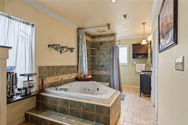bathroom featuring a tile shower, ornamental molding, a tub with jets, visible vents, and stone tile flooring