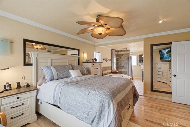 bedroom with a ceiling fan, light wood-style flooring, and crown molding