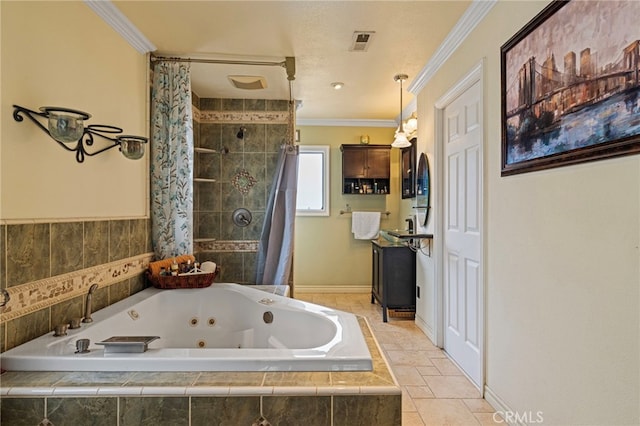 full bath featuring a tub with jets, ornamental molding, a tile shower, and visible vents