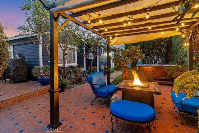 view of patio with an outdoor fire pit, a grill, and a pergola