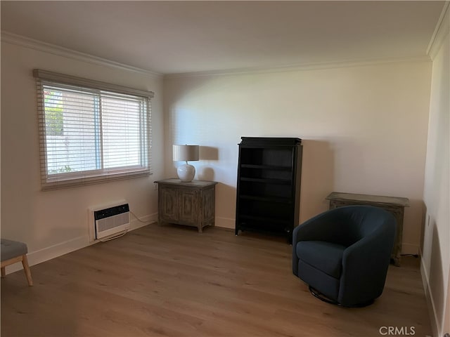 4018 Calle Sonora Este Unit C, Laguna Woods, CA 92637 - living area with ornamental molding, light wood-style flooring, and an AC wall unit