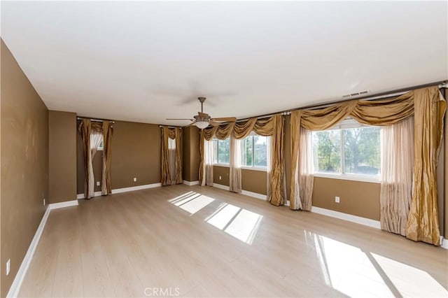 empty room with ceiling fan, light wood-type flooring, visible vents, and baseboards