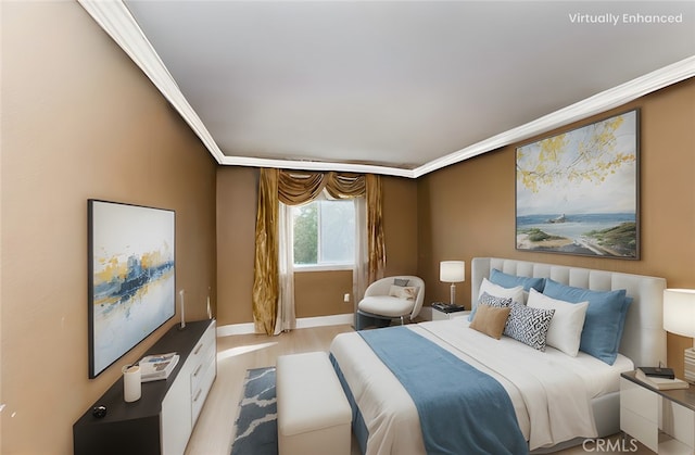 bedroom with light wood-style flooring, ornamental molding, and baseboards