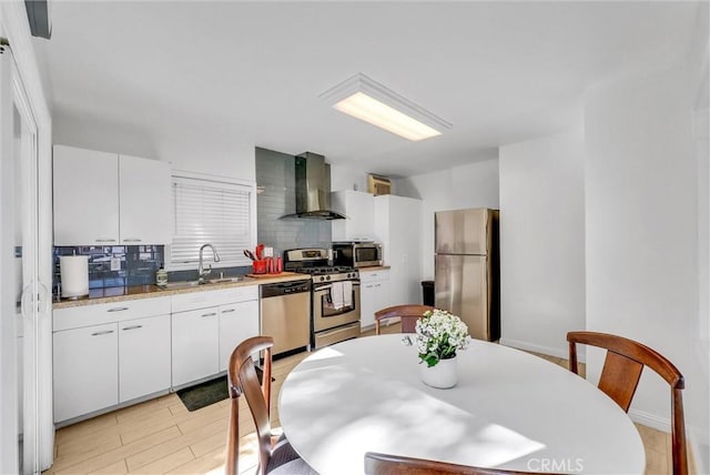 kitchen featuring white cabinetry, decorative backsplash, a sink, appliances with stainless steel finishes, and wall chimney exhaust hood
