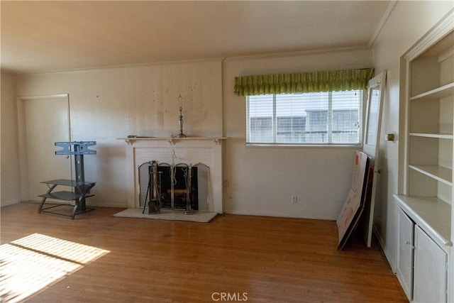 unfurnished living room featuring ornamental molding, wood finished floors, and a fireplace