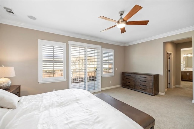 bedroom featuring ornamental molding, light colored carpet, visible vents, and baseboards