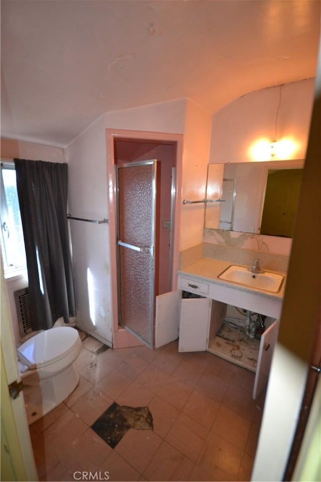 full bathroom with a stall shower, lofted ceiling, and vanity