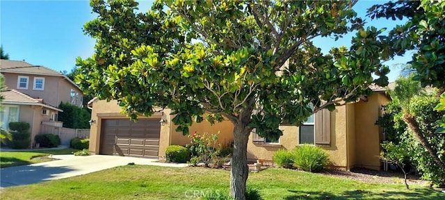 view of property hidden behind natural elements featuring an attached garage, a front yard, concrete driveway, and stucco siding