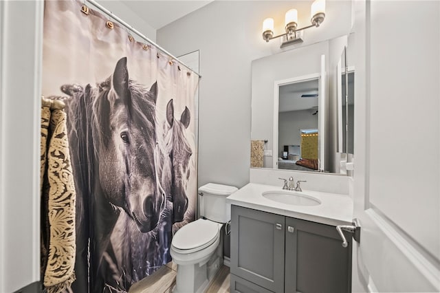 ensuite bathroom with a shower with shower curtain, vanity, toilet, and ensuite bathroom