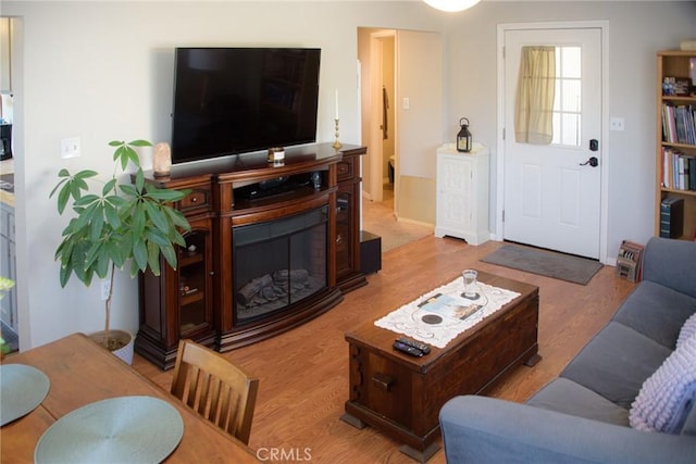 living room featuring light wood-style floors and a glass covered fireplace