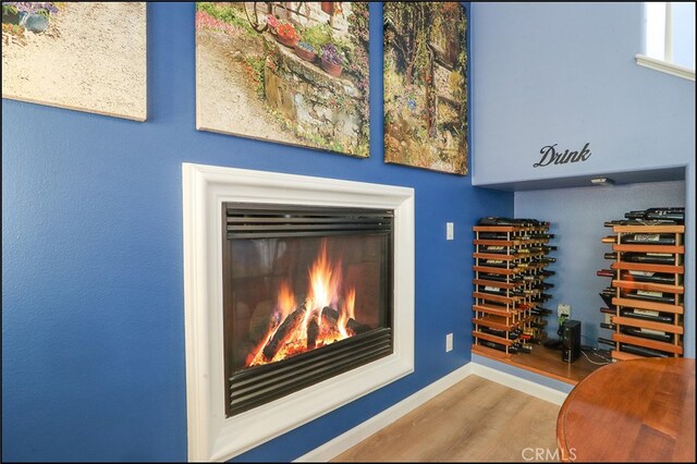 interior space with a warm lit fireplace, baseboards, and wood finished floors