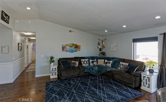 living area with dark wood finished floors, lofted ceiling, recessed lighting, visible vents, and baseboards