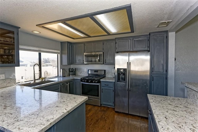 kitchen featuring dark wood finished floors, visible vents, appliances with stainless steel finishes, glass insert cabinets, and a sink