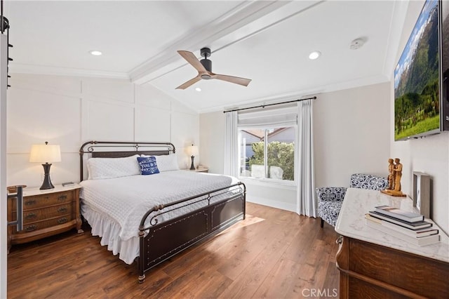 bedroom with lofted ceiling with beams, recessed lighting, dark wood-style flooring, a ceiling fan, and ornamental molding