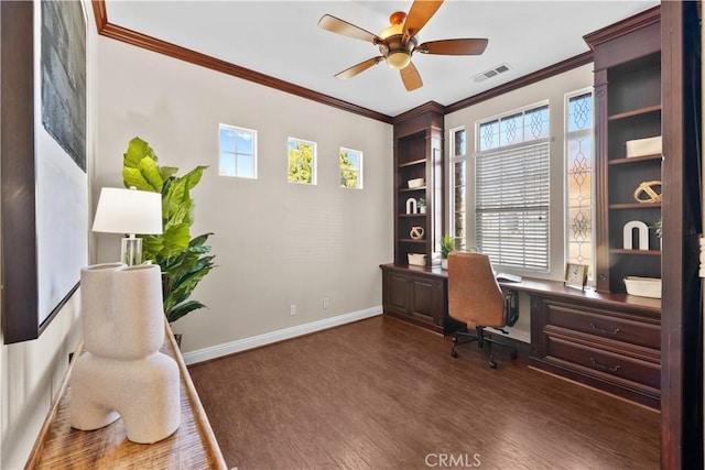 home office featuring ornamental molding, dark wood-type flooring, visible vents, and baseboards