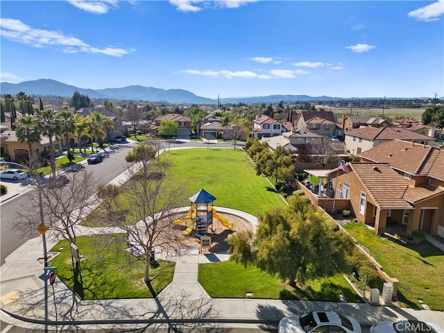 aerial view featuring a residential view and a mountain view