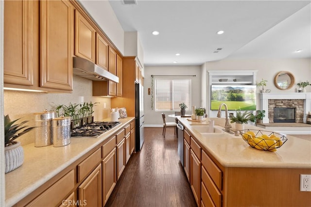 kitchen with recessed lighting, under cabinet range hood, dark wood-style flooring, light countertops, and appliances with stainless steel finishes