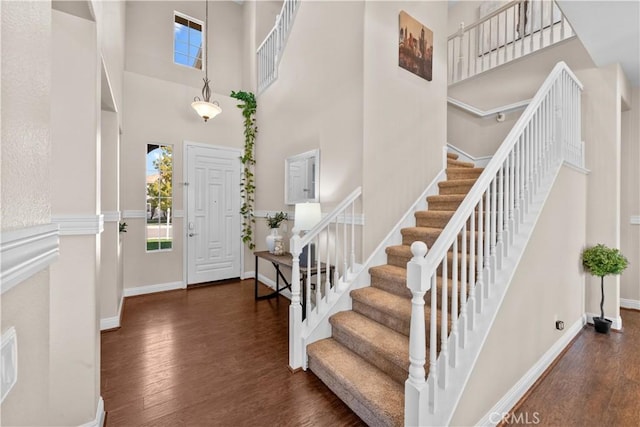 entrance foyer featuring a high ceiling, plenty of natural light, wood finished floors, and baseboards