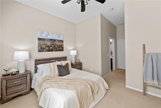 bedroom with carpet, visible vents, baseboards, and ceiling fan