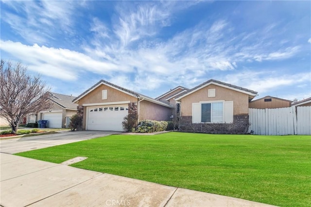 ranch-style home with driveway, a front lawn, brick siding, and stucco siding