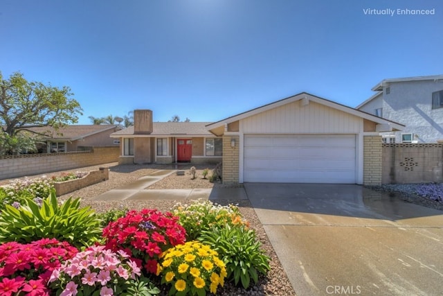8371 Hawthorne St, Rancho Cucamonga, CA 91701 - ranch-style house featuring brick siding, an attached garage, concrete driveway, and a chimney