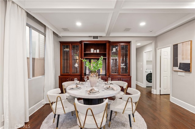 dining room featuring dark wood-style floors, baseboards, coffered ceiling, and recessed lighting