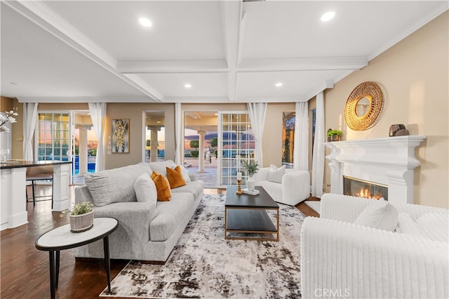 living area with a glass covered fireplace, beamed ceiling, dark wood finished floors, and a wealth of natural light