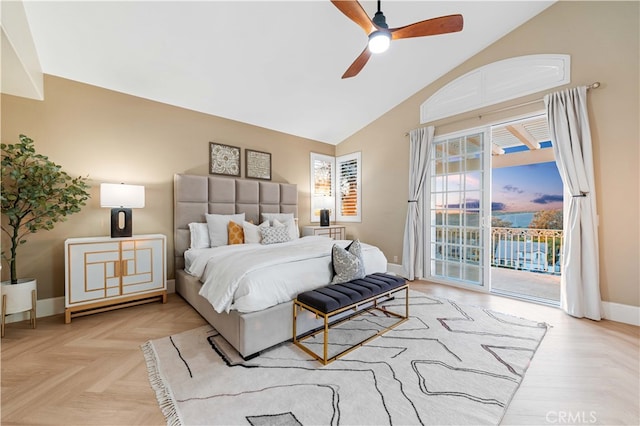 bedroom featuring lofted ceiling, access to exterior, baseboards, and a ceiling fan