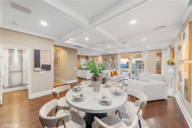 dining room with recessed lighting, coffered ceiling, baseboards, beam ceiling, and dark wood finished floors