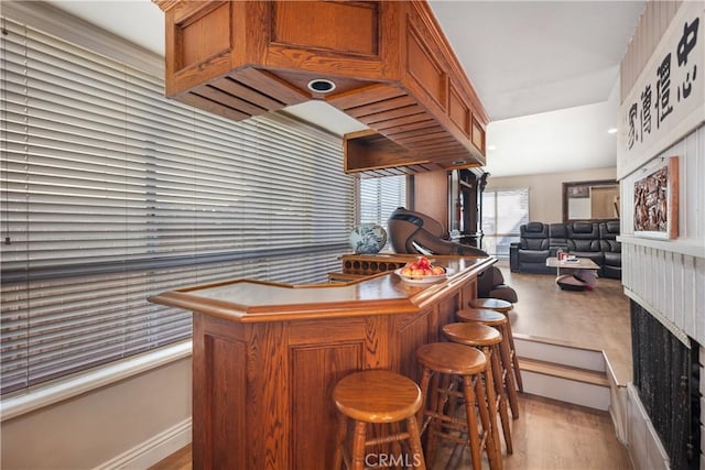 bar featuring light wood-type flooring and a dry bar