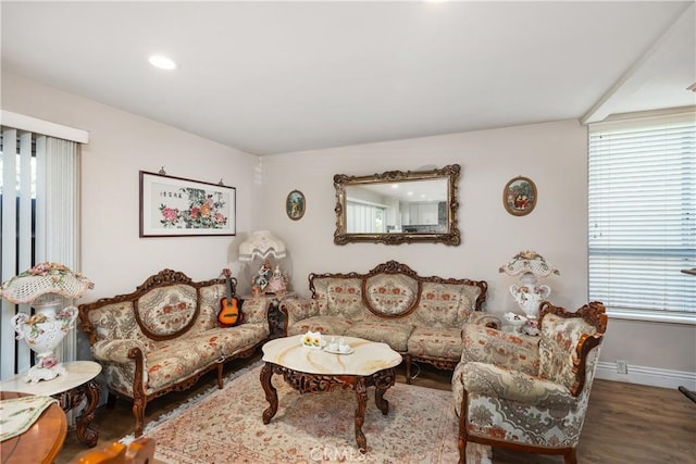 living room featuring baseboards, wood finished floors, a wealth of natural light, and recessed lighting