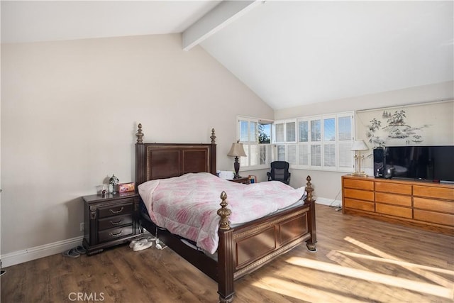 bedroom featuring vaulted ceiling with beams, baseboards, and wood finished floors