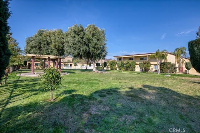 view of community featuring a yard and a pergola