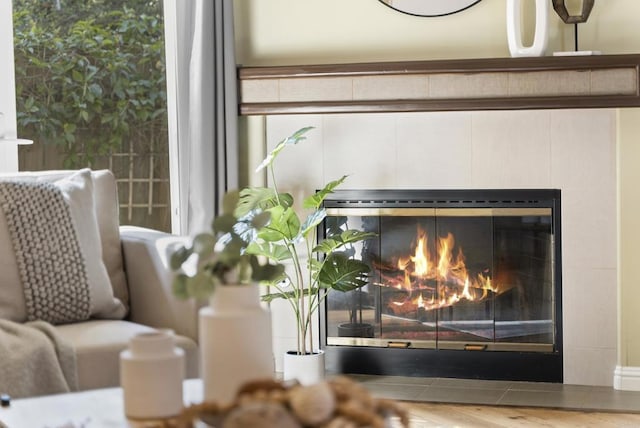 details featuring wood finished floors and a tile fireplace