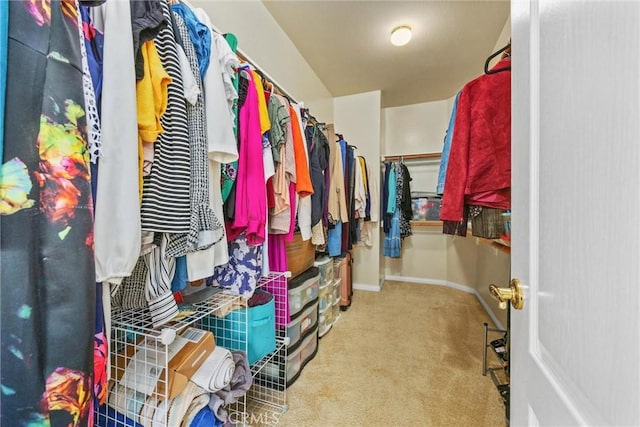 spacious closet featuring light colored carpet