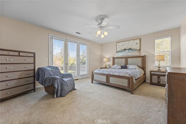 bedroom featuring access to exterior, multiple windows, and light carpet