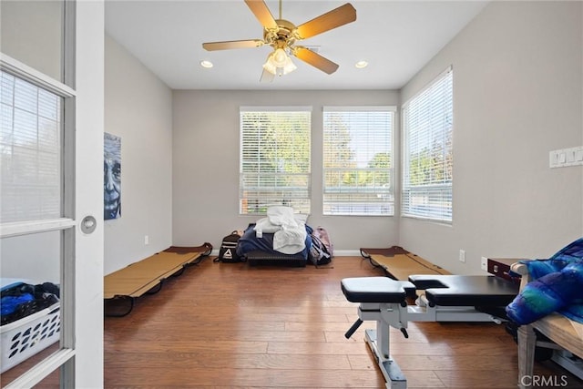 exercise area featuring recessed lighting, a healthy amount of sunlight, and wood finished floors