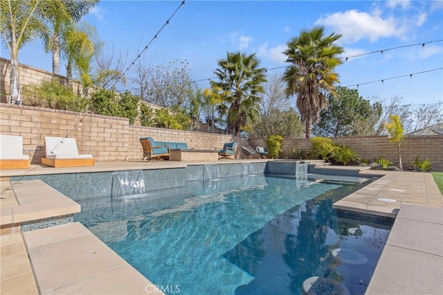 view of pool with a fenced backyard, a fenced in pool, and a patio