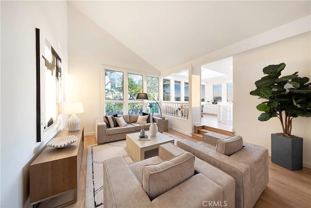 living area featuring high vaulted ceiling and light wood-style flooring