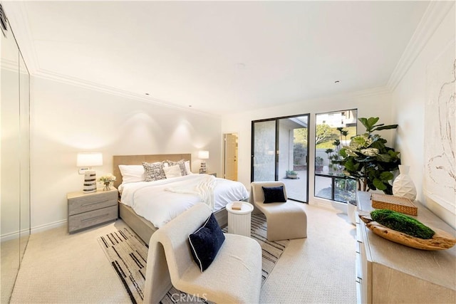 bedroom with access to outside, light colored carpet, crown molding, and baseboards