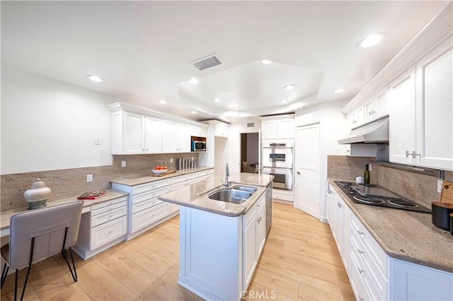 kitchen with under cabinet range hood, appliances with stainless steel finishes, white cabinets, and a sink