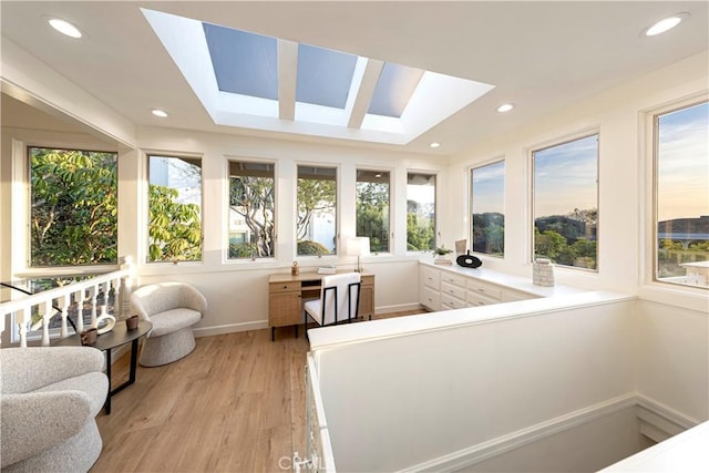 11 Montpellier, Newport Beach, CA 92660 - sunroom / solarium featuring a skylight, wood finished floors, baseboards, and recessed lighting