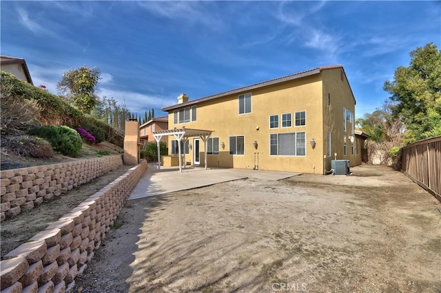 23531 Hobart Ct, Murrieta, CA 92562 - back of house with cooling unit, a pergola, a patio area, fence, and stucco siding