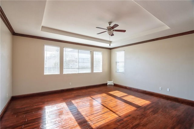 23531 Hobart Ct, Murrieta, CA 92562 - unfurnished room with a tray ceiling, hardwood / wood-style floors, a ceiling fan, baseboards, and crown molding