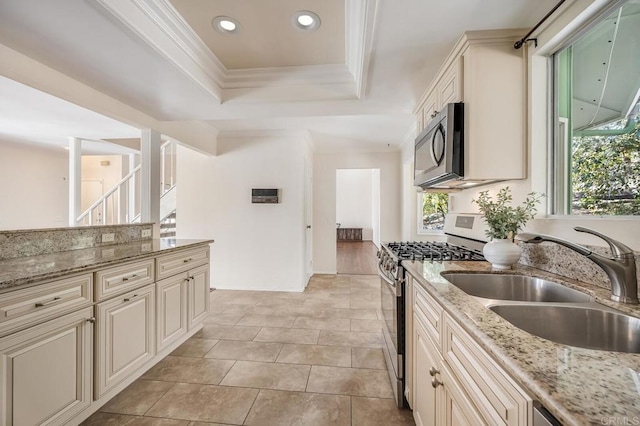 kitchen featuring a sink, a tray ceiling, appliances with stainless steel finishes, and cream cabinets