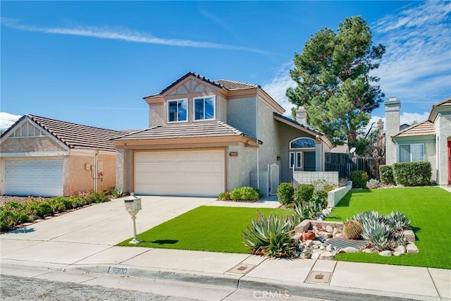 traditional-style house with a tile roof, stucco siding, concrete driveway, fence, and a front lawn