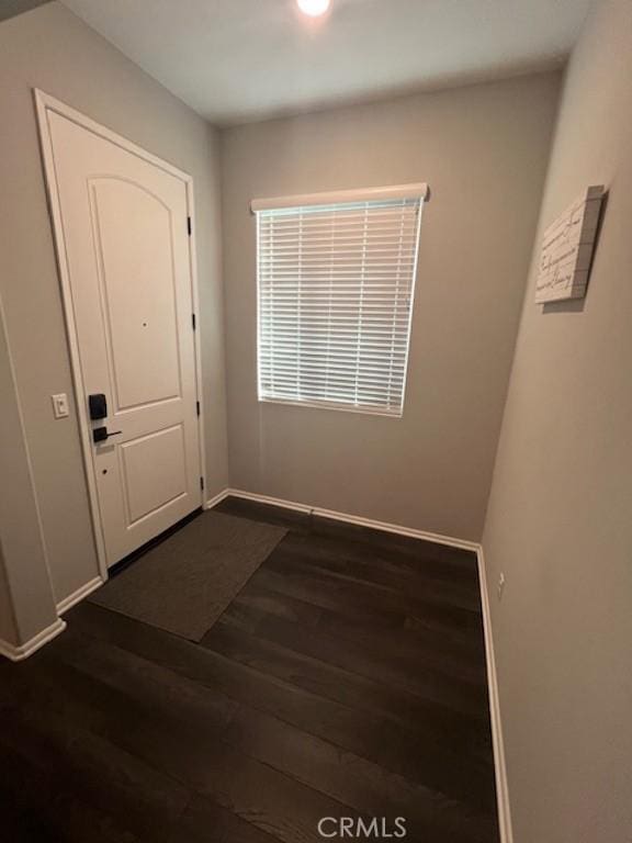 doorway to outside featuring baseboards and dark wood-type flooring